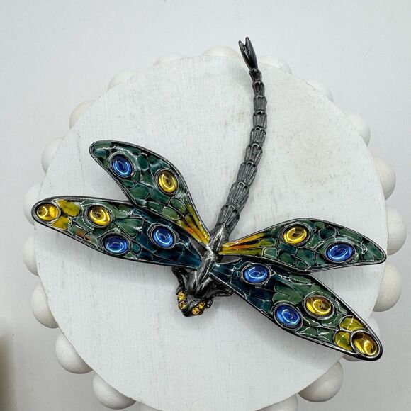 Erwin Pearl Colorful Dragonfly Brooch Enamel Gripoix Style Blue Green Insect Big - Picture 15 of 15